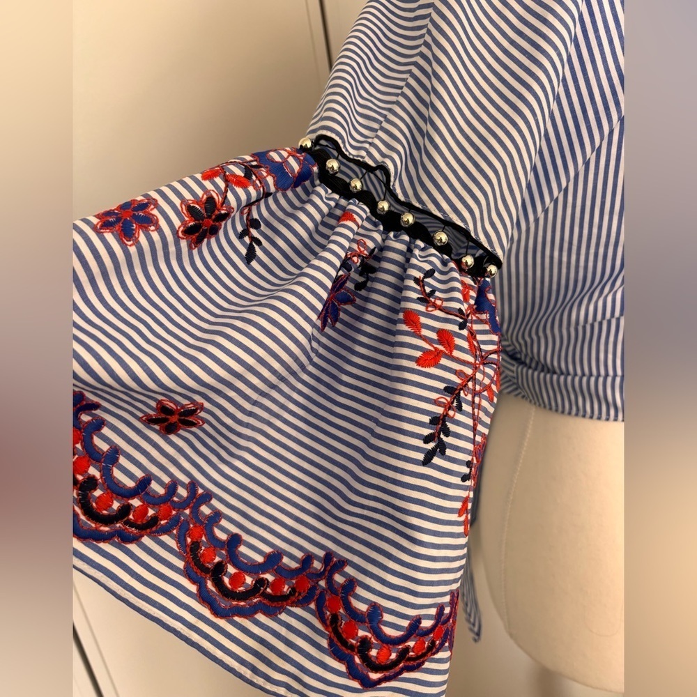 Topshop Blue Striped Blouse with Embroidered Sleeves - Picture 7 of 7